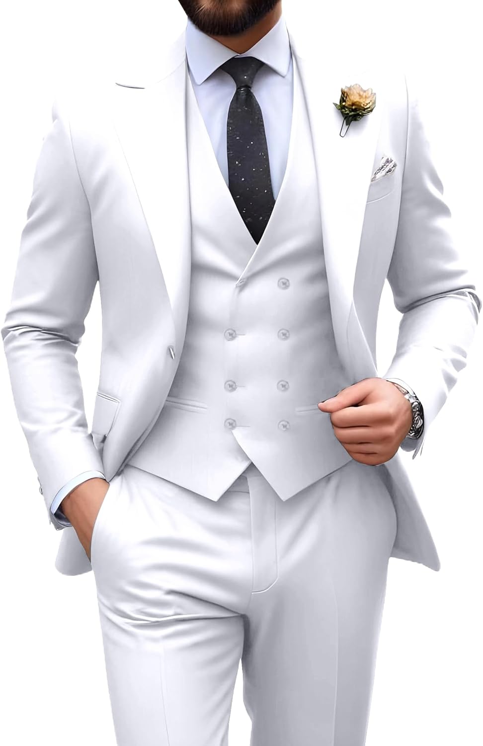 Mens Suit Slim Fit 3 Piece Double Breasted Tuxedo Set for Groom