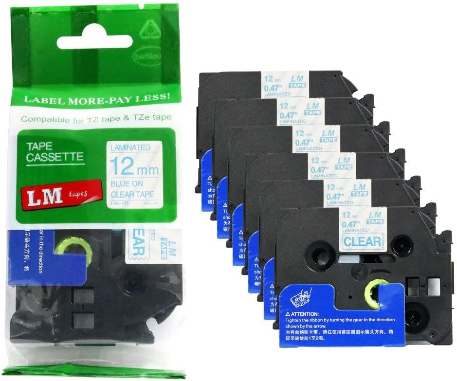 6 Pack of LM Tapes Compatible TZe-132 Blue on Clear Labels