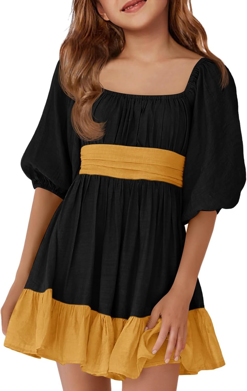 Girls Summer Dresses Square Neck Lantern Sleeve Tie Backless Ruffle
