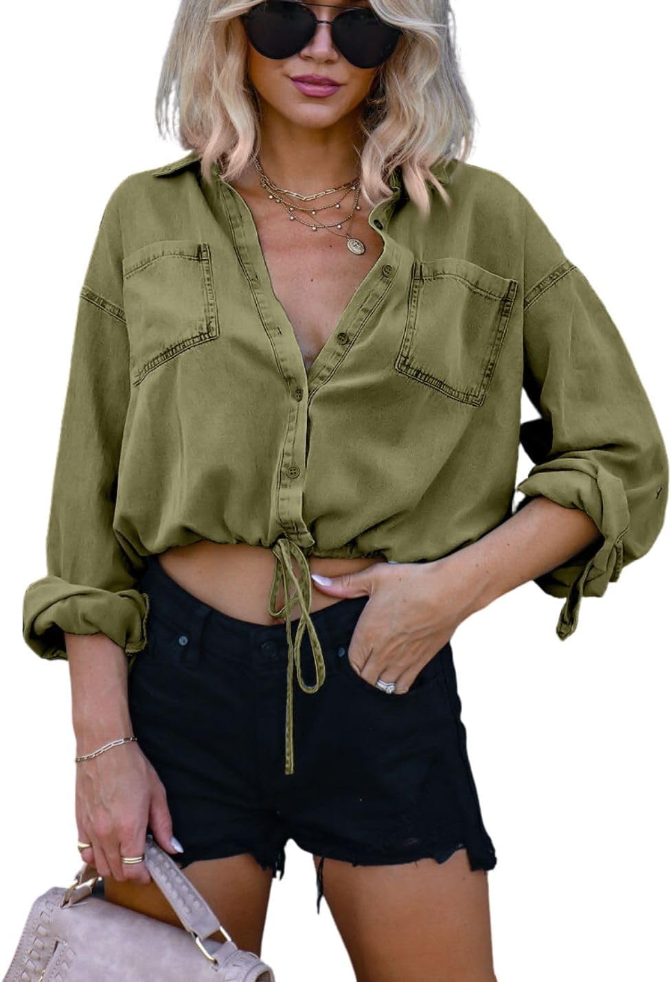 Kwoki Women's Cropped Denim Shirt for Stylish Casual Looks
