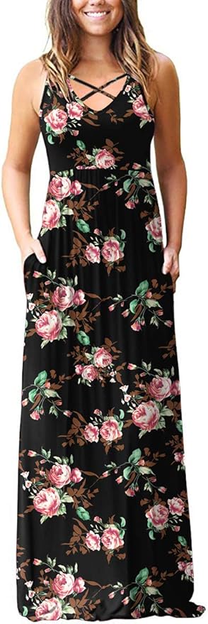 LILBETTER Women's Sleeveless Racerback Maxi Dress with Pockets