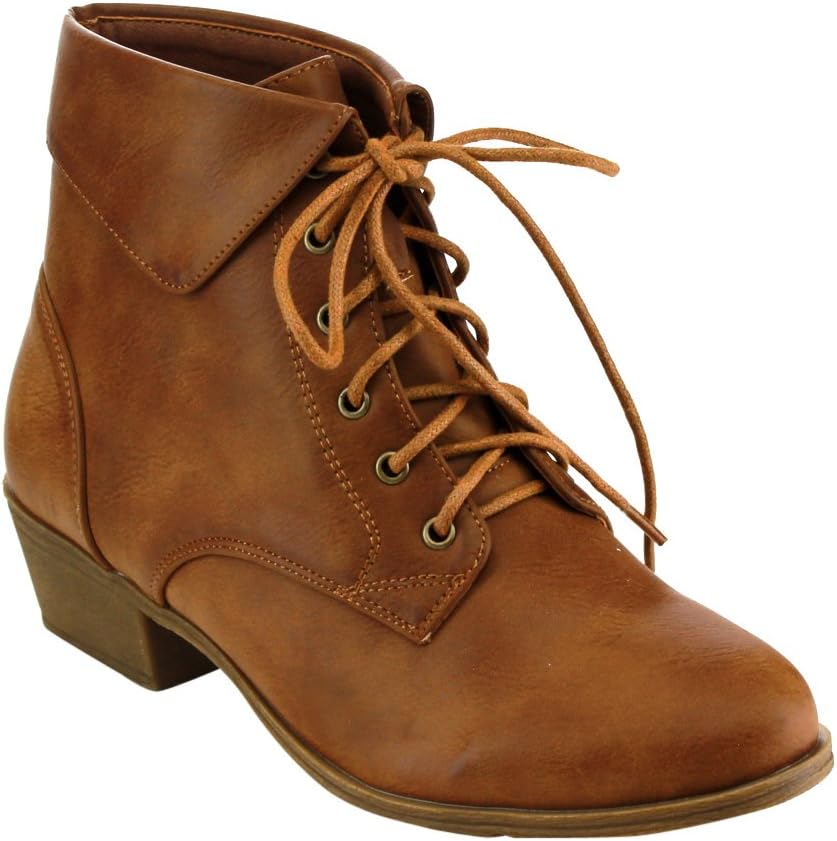 TOP Moda EC89 Women's Foldover Lace Up Low Chunky Heel Booties
