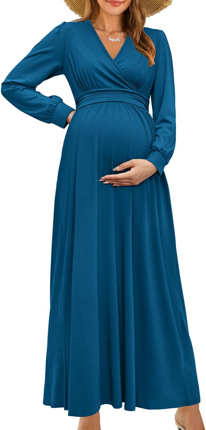 OUGES Fall Maternity Maxi Dress for Baby Shower and Photoshoot