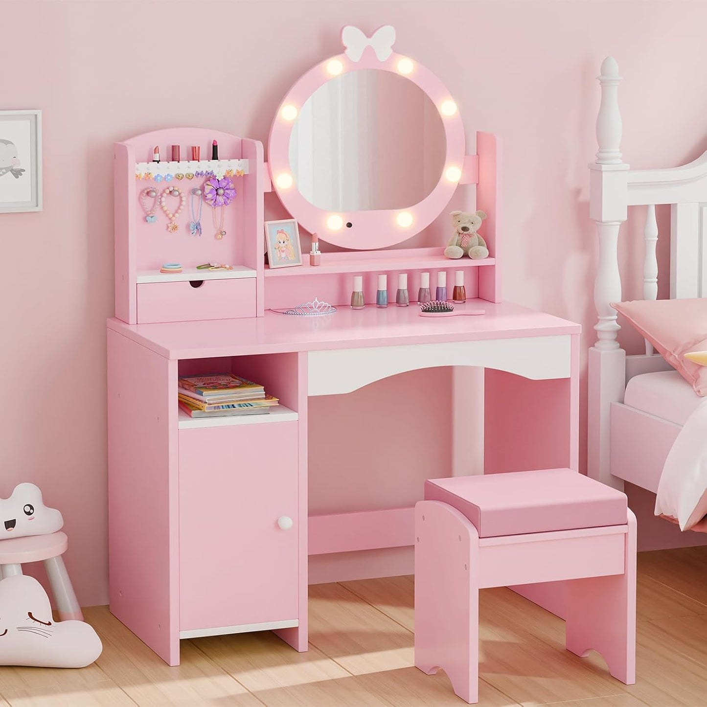 MU Kids Vanity Table and Chair Set for Little Girls with Mirror