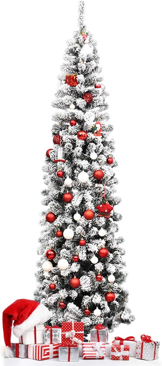 Snow Flocked Pencil Christmas Tree for Indoor Outdoor Decor