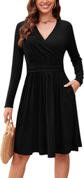 Women's Long Sleeve Casual Fall Dress V-Neck Swing Floral