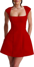 Women Square Neck Cap Sleeve A-Line Mini Dress - Flattering Fit