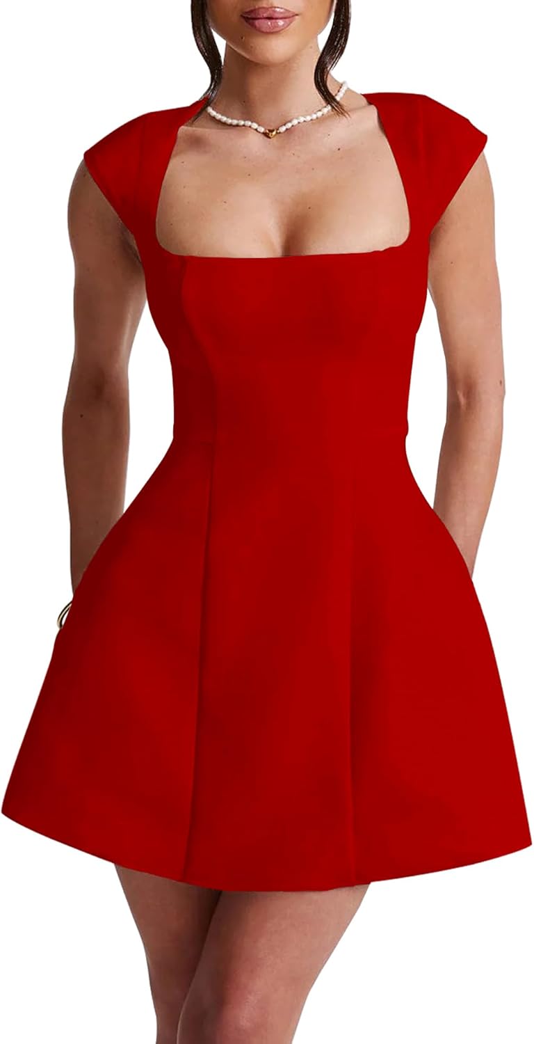LuFeng Women's Square Neck Cap Sleeve Mini Dress for Parties