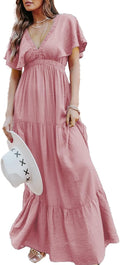 Women's Casual V Neck Floral Maxi Dress - Flowy Boho Summer