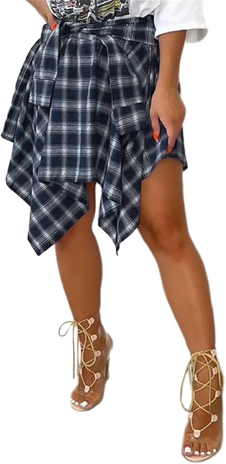Women's Plaid Skirts High Waisted Knot Front Asymmetrical Hem