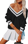 Womens V Neck Oversized Cable Knit Pullover - Cozy Everyday Layer