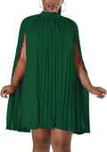 Womens Cape Sleeve Pleated Split Short Dress - Flowy Chiffon Mini