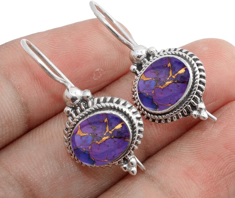 Solid 925 Sterling Silver Dangle Earrings with Natural Gemstone
