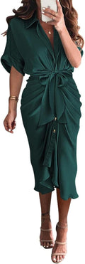Women Satin Ruched Button Down Maxi Dress - Flattering Tie Waist
