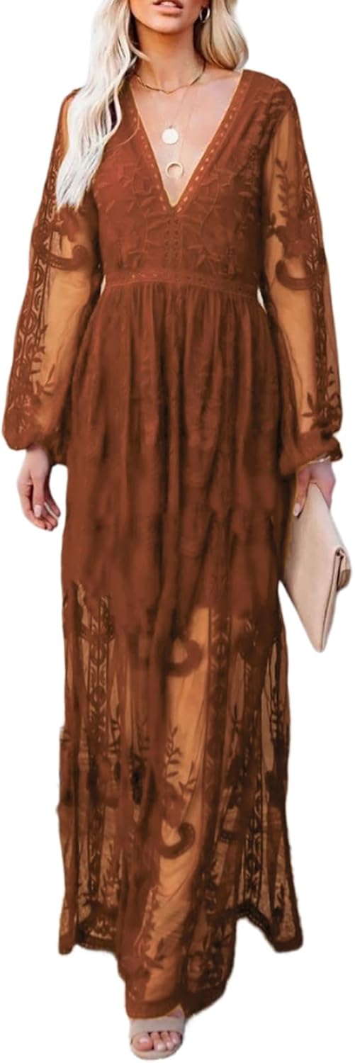 HOYISHION Women's Off The Shoulder Floral Lace Maxi Dress
