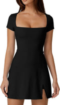 Womens Square Neck Tennis Dress with Built-in Shorts - Flattering Full