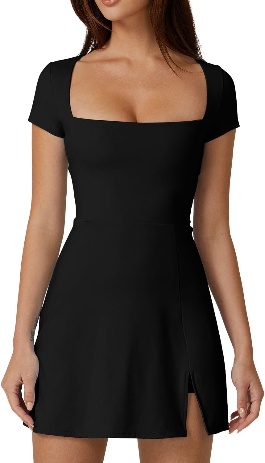QINSEN Womens Square Neck Tennis Dress with Built-in Shorts