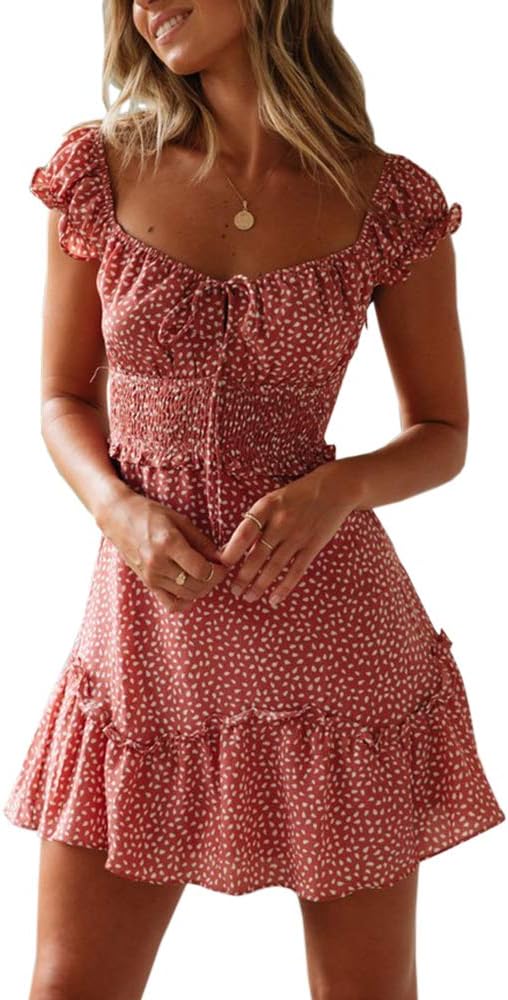 Valphsio Womens Smocked Dress Ruffle Floral Tie Front Boho Style