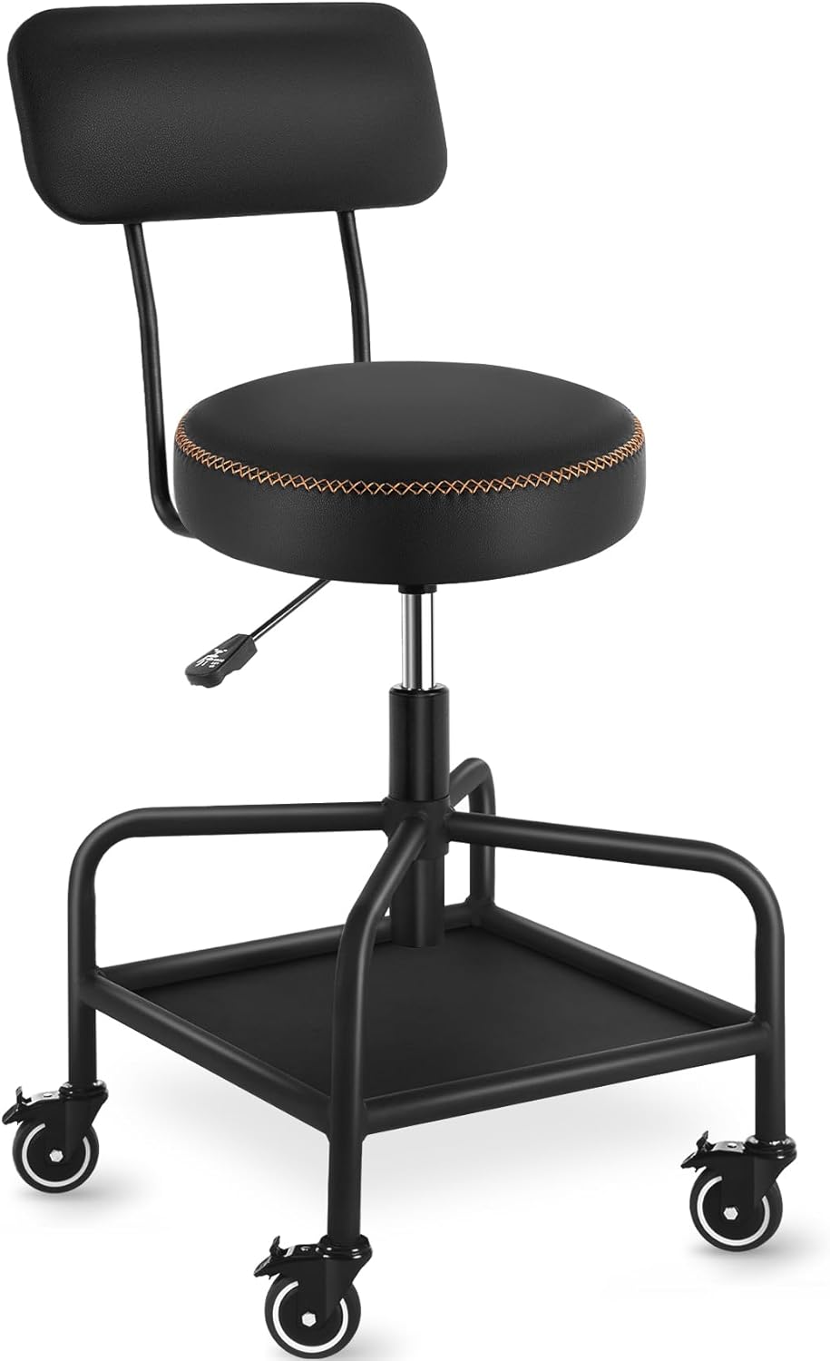Shop Stool with Lockable Rubber Wheels and Adjustable Backrest