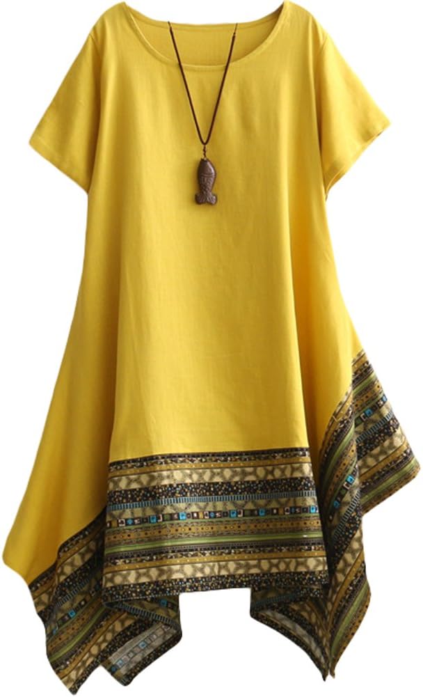 Minibee Women's Ethnic Cotton Linen Dress for Spring and Summer