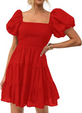 Boho Summer Square Neck Puff Sleeve Mini Dress - Smocked A Line