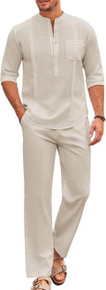 Men's Cotton Linen 2 Piece Cuban Henley Set - Casual Vacation Wear