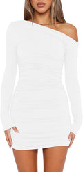 Mokoru Off Shoulder Ruched Bodycon Mini Dress - Flattering Fit Women's