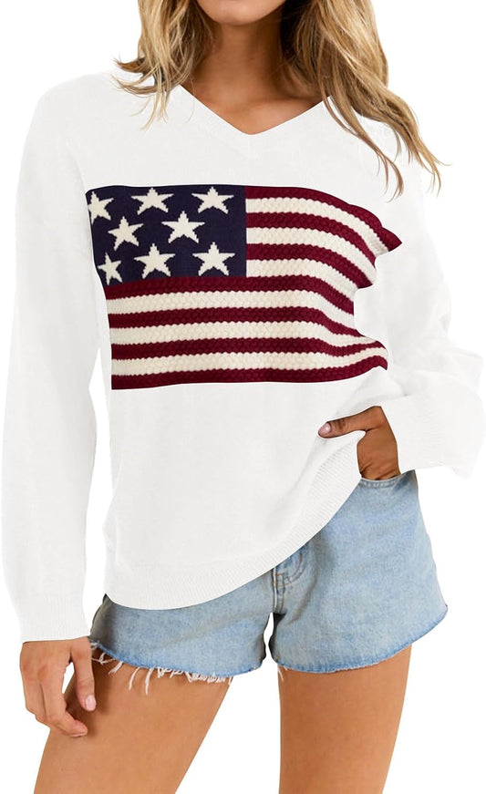 American Flag Sweater for Women - Cozy Knit Pullover Top