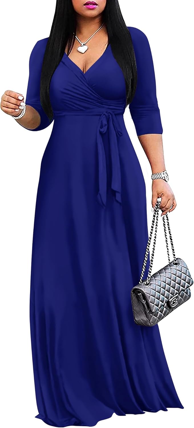 FANDEE Women's Maxi Dress - Bohemian Solid Color V-Neck Style