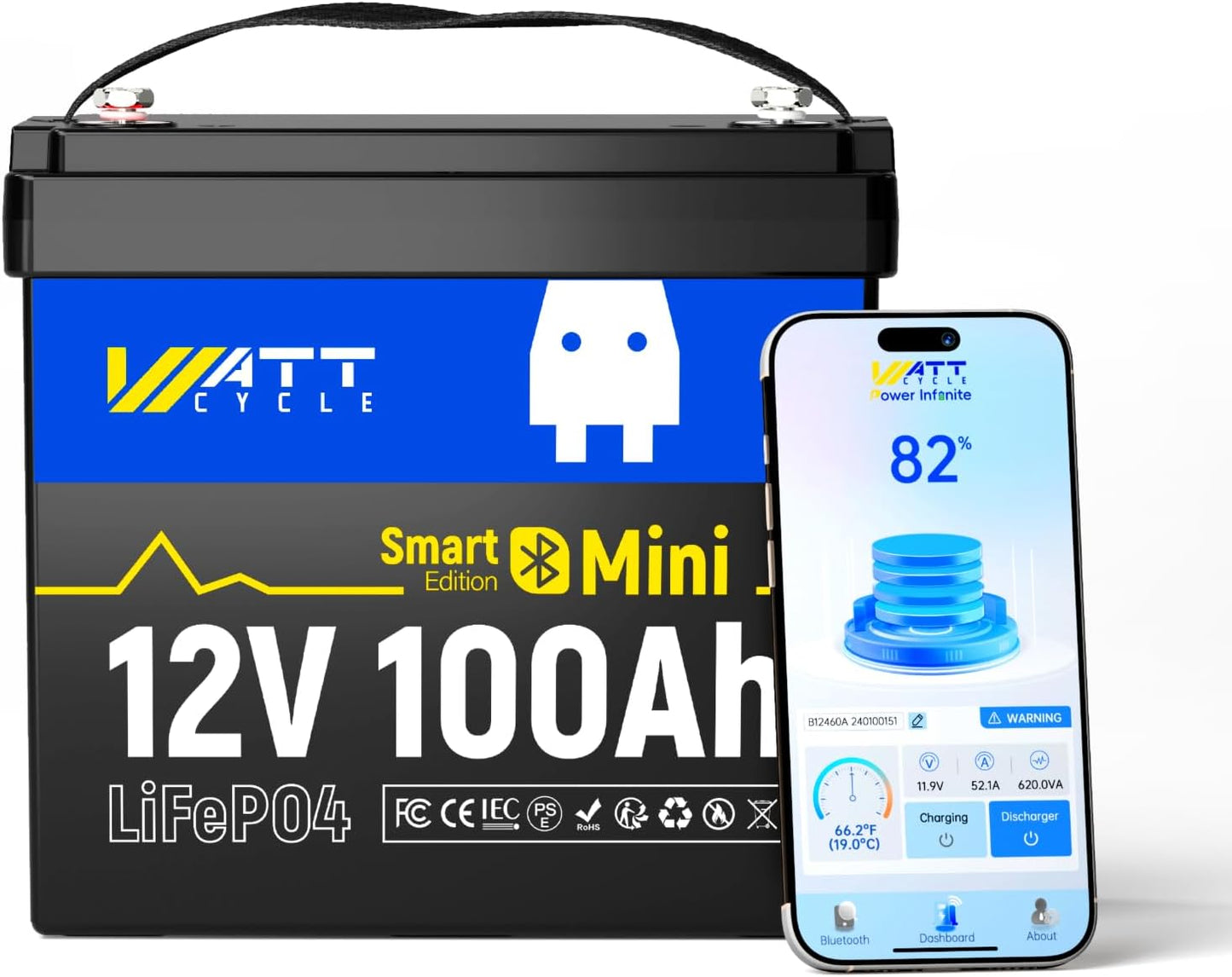 WattCycle 12V 100Ah LiFePO4 Lithium Battery with Bluetooth Features