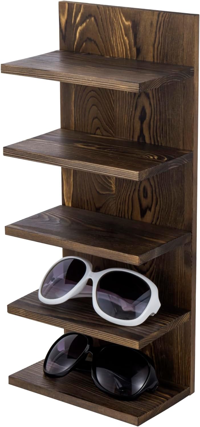 5 Tier Rustic Burnt Solid Wood Sunglasses Holder Rack Display