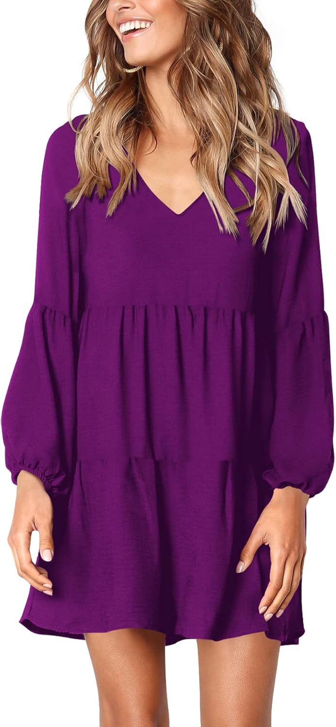 Amoretu Womens Tunic Dress Long Sleeve V Neck Casual Style