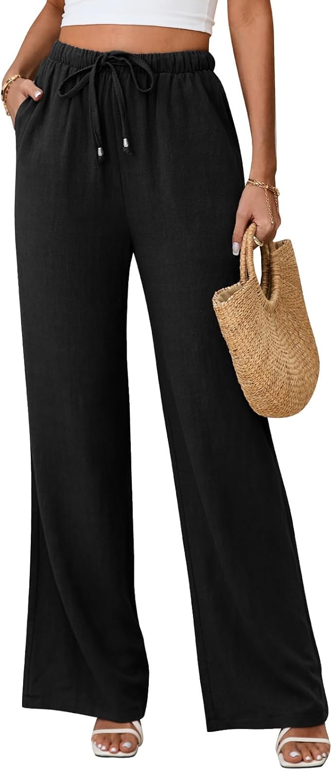 Linen Pants for Women Flowy Palazzo Boho High Waist Trousers