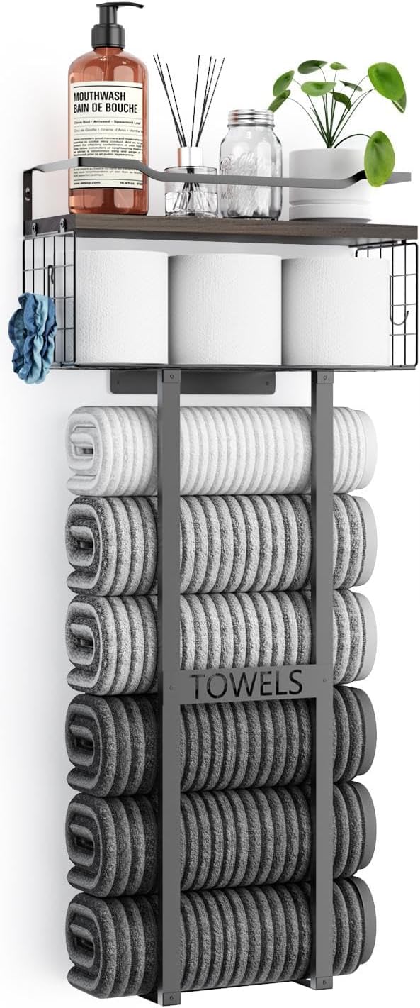 Large Towel Rack with Wooden Shelf for Stylish Bathroom Storage