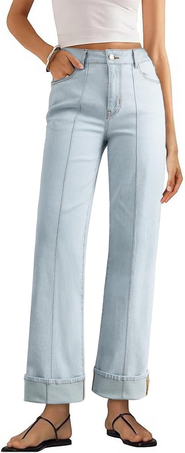 Sidefeel Women's High Waisted Wide Leg Cuffed Jeans for Style
