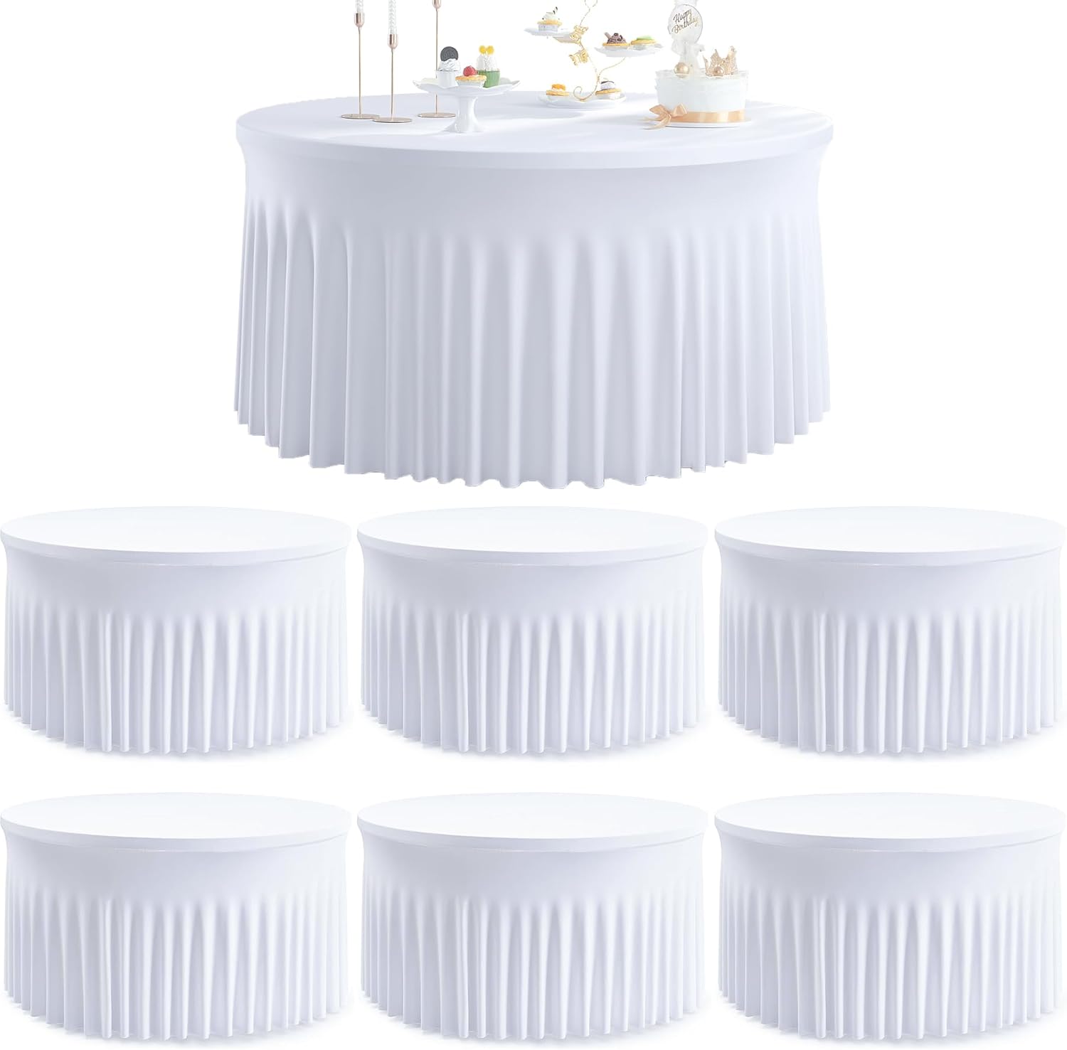 6 Pack White Round Spandex Tablecloths for 60in Tables