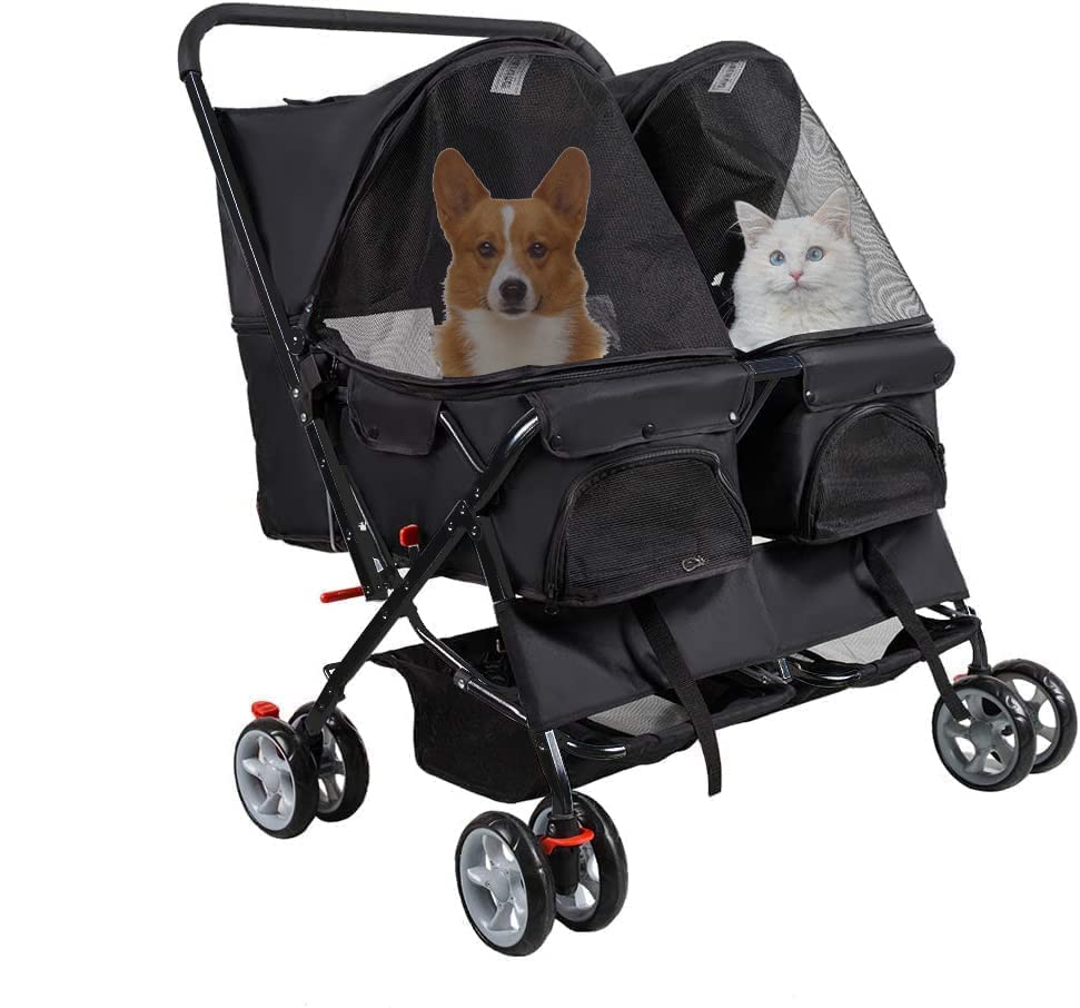 Double Pet Stroller for 2 Dogs Cats with 4 Wheels, Black