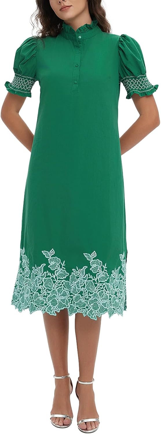 Womens Casual Shirt Dress with Flower Embroidery for All Seasons