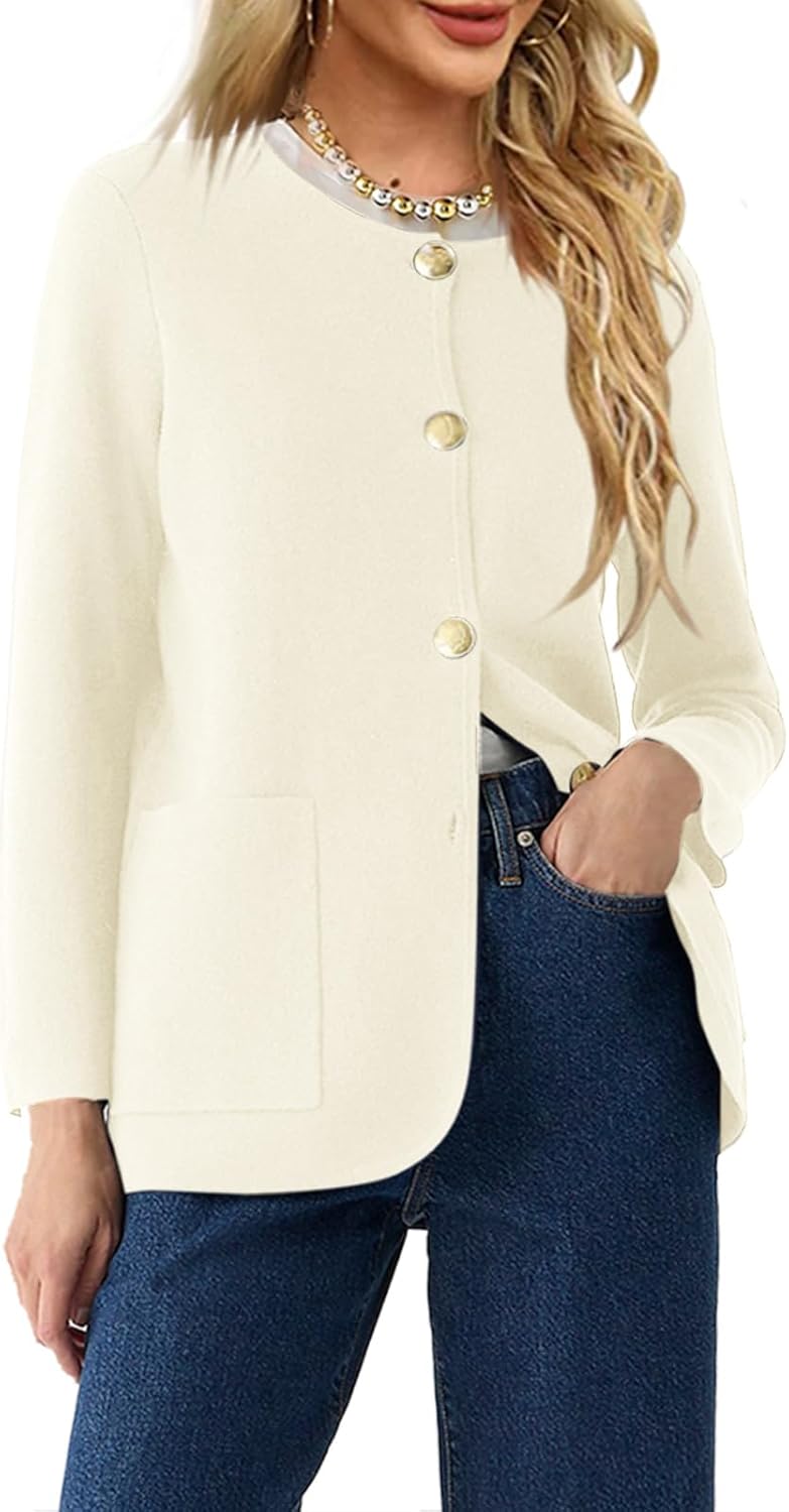 Langwyqu Womens Crew Neck Button Down Cardigan Sweater Blazer