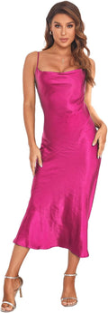 Women's Spaghetti Strap Midi Satin Slip Dress - Cowl Neck Elegant 95%