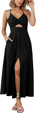 Women 2025 Summer Spaghetti Strap Midi Dress - Flowy V Neck