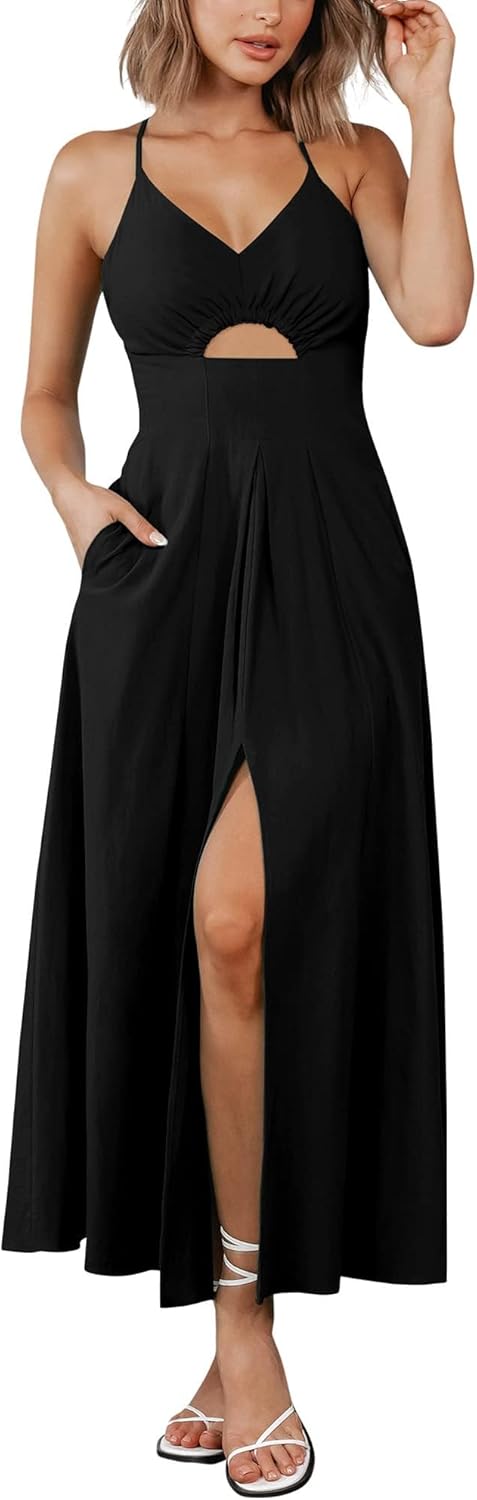 BTFBM Women Summer Spaghetti Strap Midi Dress with Pockets