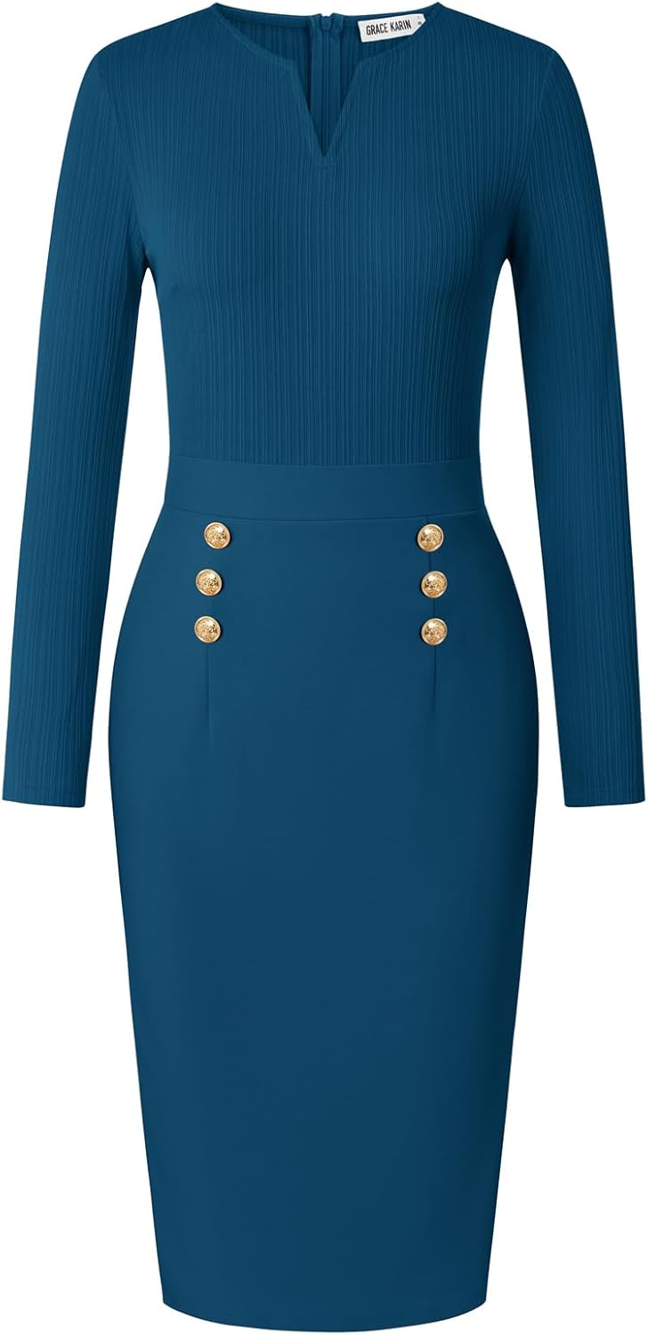 Elegant Business Work Dress for Women - Long Sleeve Midi Style