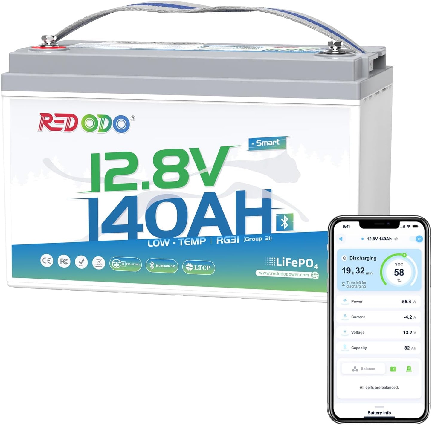 Redodo Smart Bluetooth 12V 140Ah LiFePO4 Battery for RVs & More