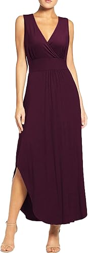 WOOSEA Women Sleeveless Deep V Neck Pocket Loose Long Dress