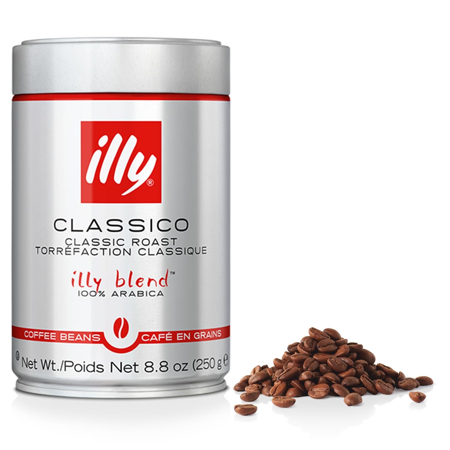 Illy Classico Whole Bean Coffee, Medium Roast, Rich Flavor Notes, 100% Arabica, 8.8oz Can