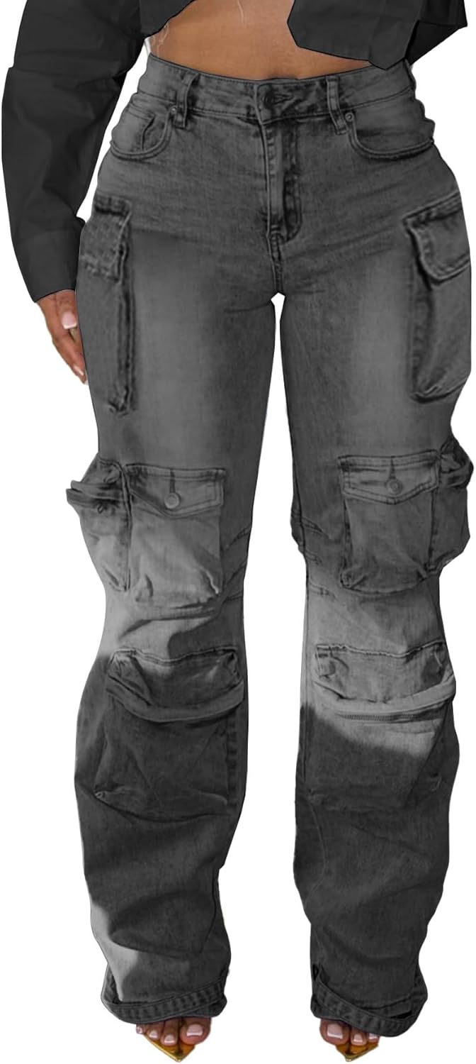 Unybwonn Women Rhinestone Cargo Jeans High Waisted Stylish Fit