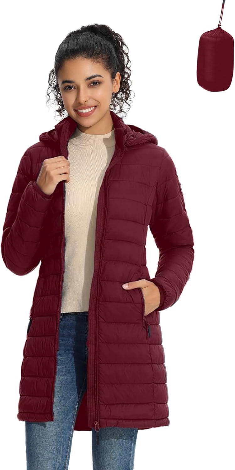 Packable Women Puffer Coat - Lightweight Water-Resistant Jacket