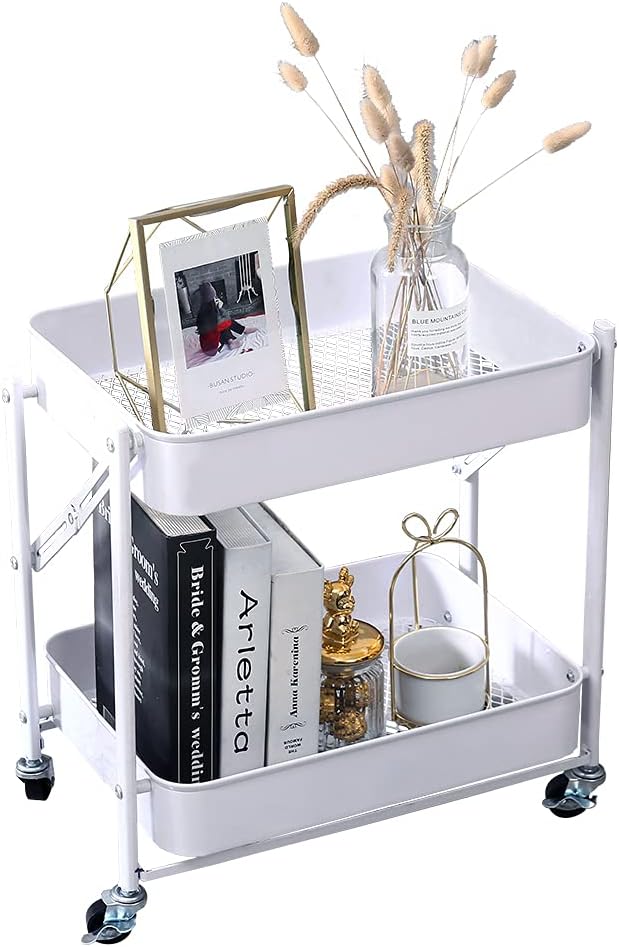 2-Tier Metal Folding Rolling Cart for Home and Office Use