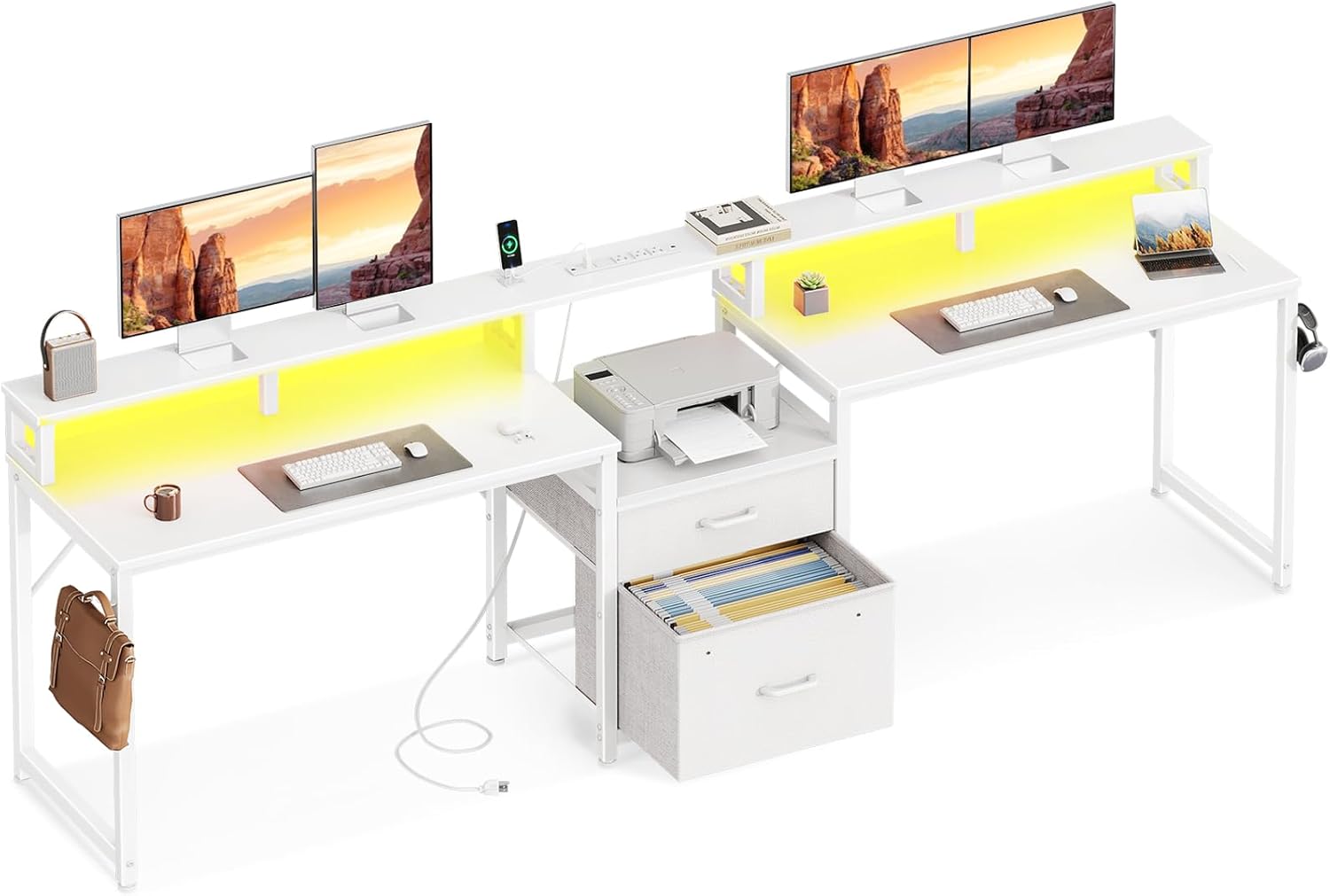 98-Inch Dual Workstation Gaming Desk with LED Light & Storage